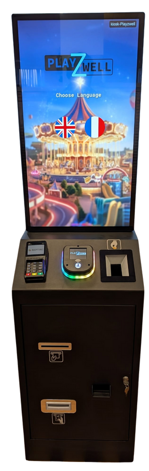 Borne interactive connectée PLAYZWELL : écran tactile, TPE, lecteurs RFID/QR et distributeur de cartes